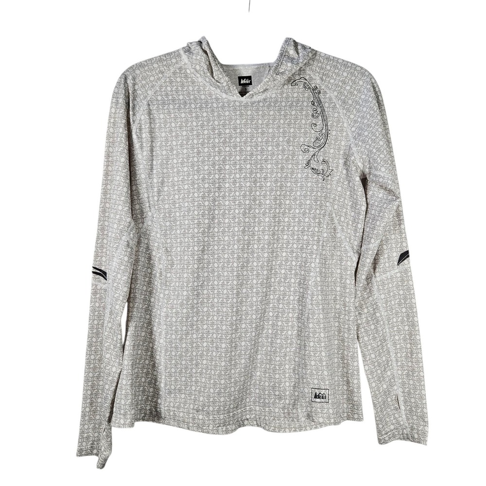 REI Hoodie Sweatshirt Women's S Cream Grey Geometric Hiking Outdoor Lightweight